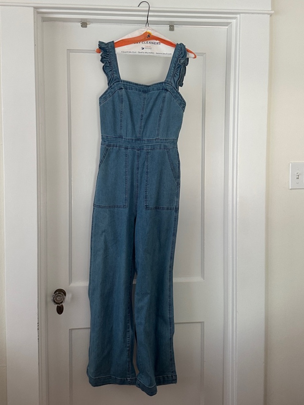 essue Blue Denim Ruffle-Strap Jumpsuit